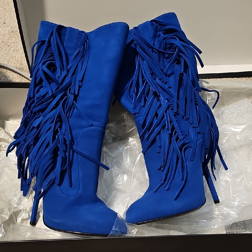 Giuseppe Zanotti Blue Heeled Boots with Fringe